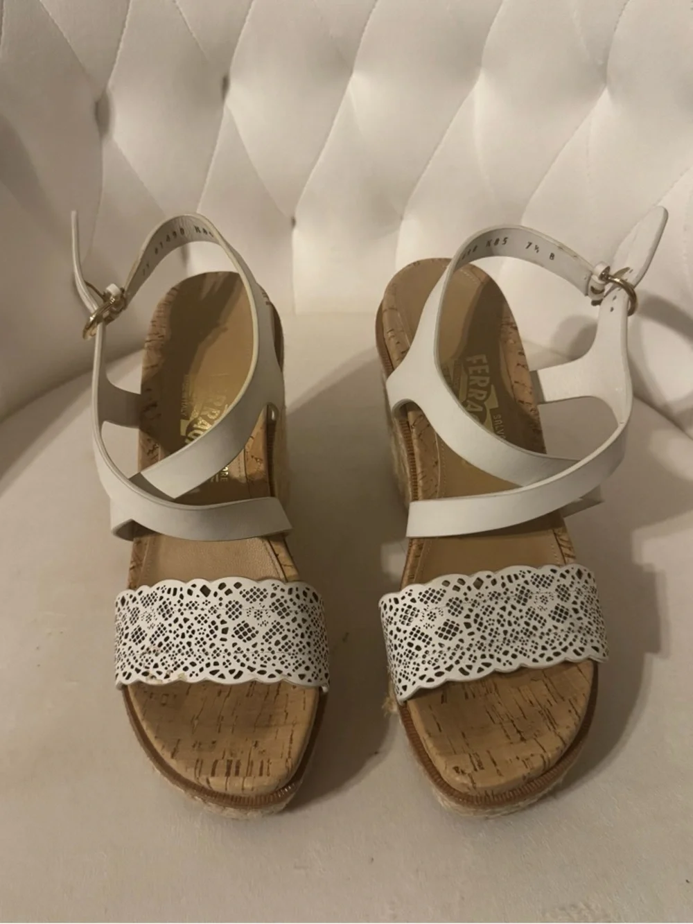 Salvatore Ferragamo White Laser-Cut Cork Wedge Sandals